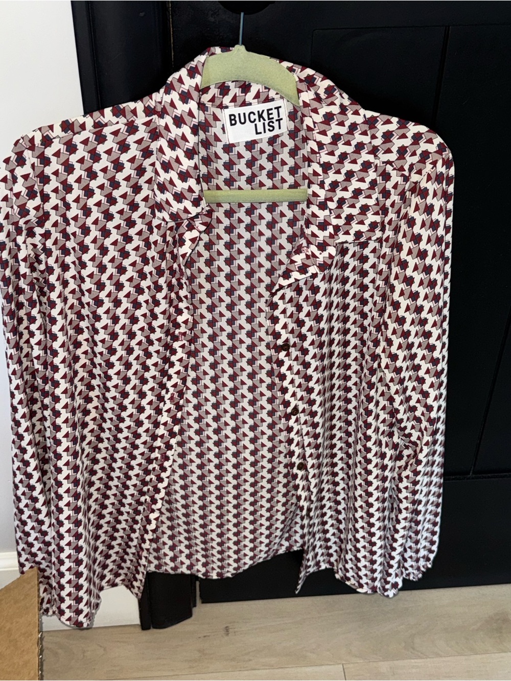 BUCKETLIST Maroon and White Geometric Houndstooth Blouse